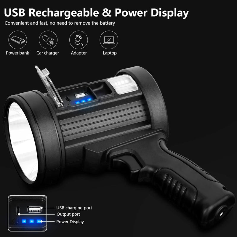 MIXILIN Rechargeable Spotlight, 99,000 Lumens Handheld Hunting Flashlight Led Spot Light with Cob Light and Solar Panels, Lightweight and Super Bright Spotlight for Hunting Boating Camping