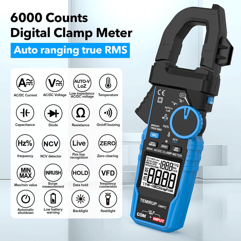 Digital Inrush Clamp Meter Multimeter, TEMIRUP T-RMS 6000 Counts 600A Current Amp Volt Meter with VFD,LOZ Mode; Measures NCV AC/DC Current Voltage Temperature Resistance Capacitance Continuity CM87C 600A AC/DC Clamp Meter