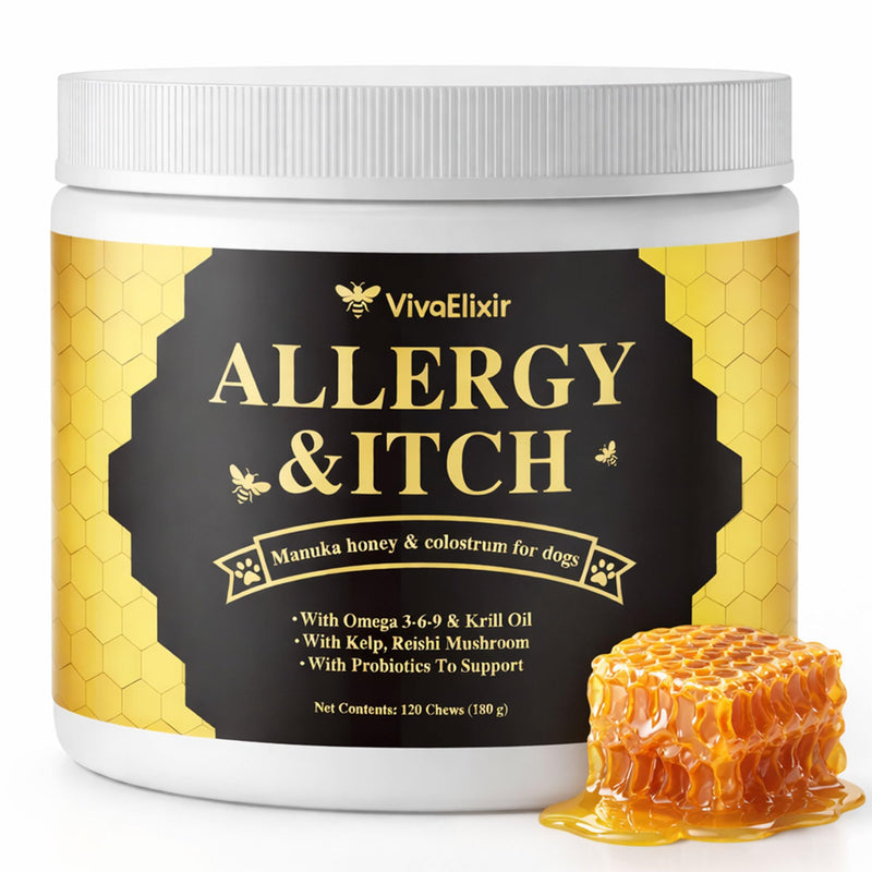 Manuka Honey for Dogs - Allergy Relief & Anti Itch Skin - Comfort and Coat Health - Manuka Honey, Krill Oil, Colostrum, Quercetin, Probiotics, Kelp Powder - 120 Soft Chews