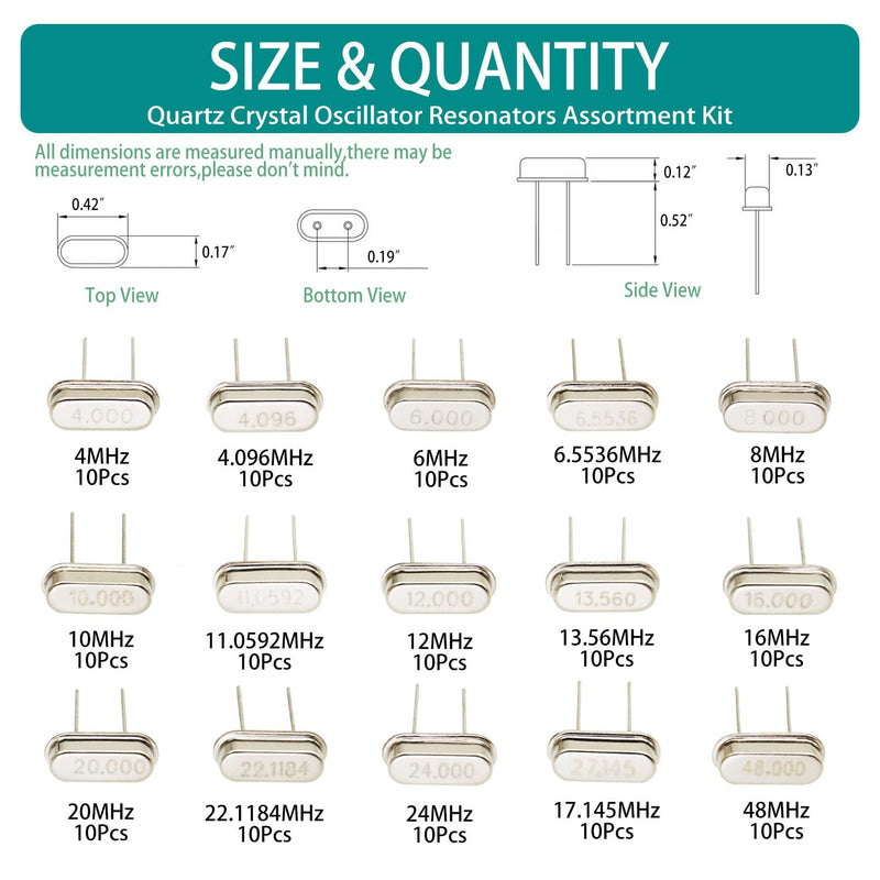 150Pcs 15Value Crystal Oscillator Resonators Assortment Kit 4 MHz，4.096 MHz，6 MHz，6.5536MHz，8 MHz，10 MHz，11.0592 MHz，12 MHz，13.56 MHz，16 MHz，20 MHz，22.1184 MHz，24 MHz，27.145 MHz，48 MHz