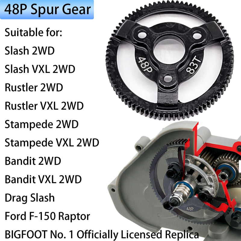 RC 48P 83T Spur Gear Hardened Steel Spur Gear Upgrades Part for Traxxas 1/10 Slash Stampede Rustler Bandit 2WD VXL XL-5 F-150 SVT, (83T) 48P-Spur Gear-83T