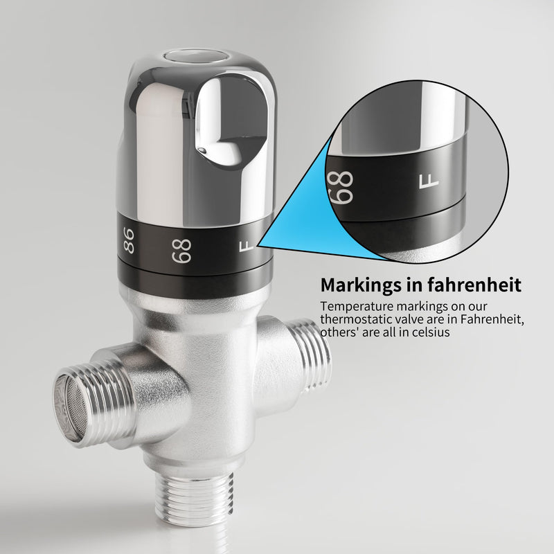 FUGO 1/2 NPT Thermostatic Mixing Valve,Water Mixing Valve with 1/2 NPT Male Connections,Solid Brass,Chrome Gray