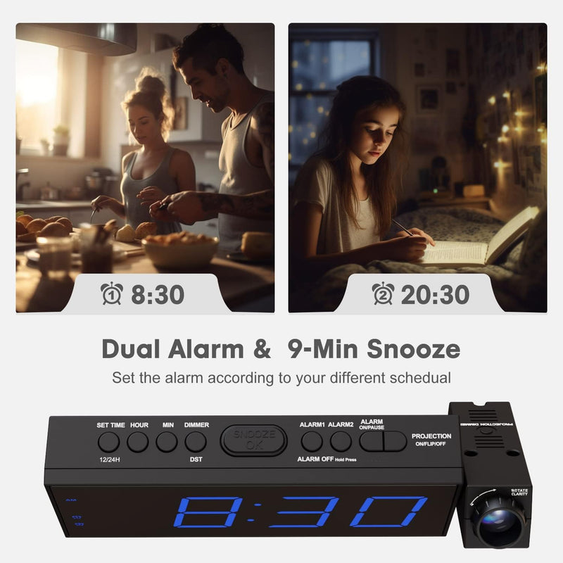 OnLyee Projection Alarm Clock for Bedroom, LED Digital on Ceiling Wall with USB Phone Charging, Battery Backup, 180° Rotatable Projector & Dimmer, 12/24H, DST, Snooze, Dual Loud Bedside Heavy Sleeper Black
