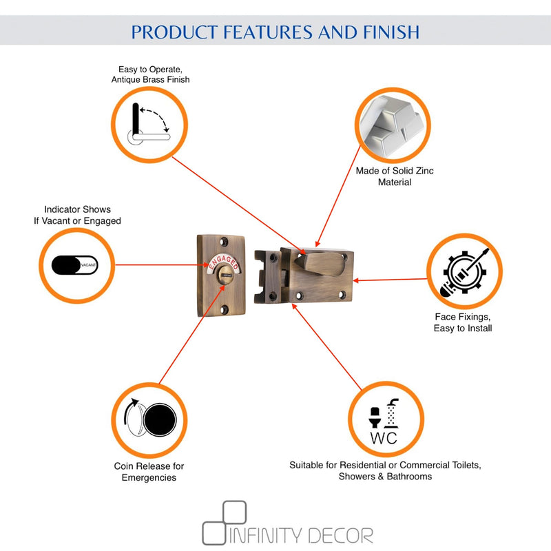 Infinity Decor Antique Vacant and Engaged Sign Indicator Bolt, Zinc Bathroom Privacy Toilet Door Latch Lock
