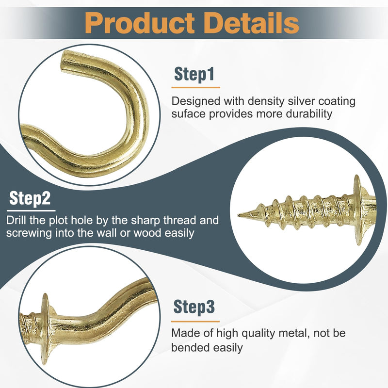 50Pcs 1/2 Inch Cup Hooks, Gold Ceiling Hooks Small Screw-in Hooks Metal Screw Hooks Nickel Plated Hooks
