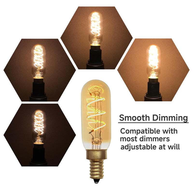 T6/T25 LED Edison Candelabra Bulb, E12 Base, Dimmable, 40W Equivalent (4W), 2200K Warm White, Spiral Filament, Amber Glass - Ideal for Chandelier, Ceiling Fan - 6 Pack