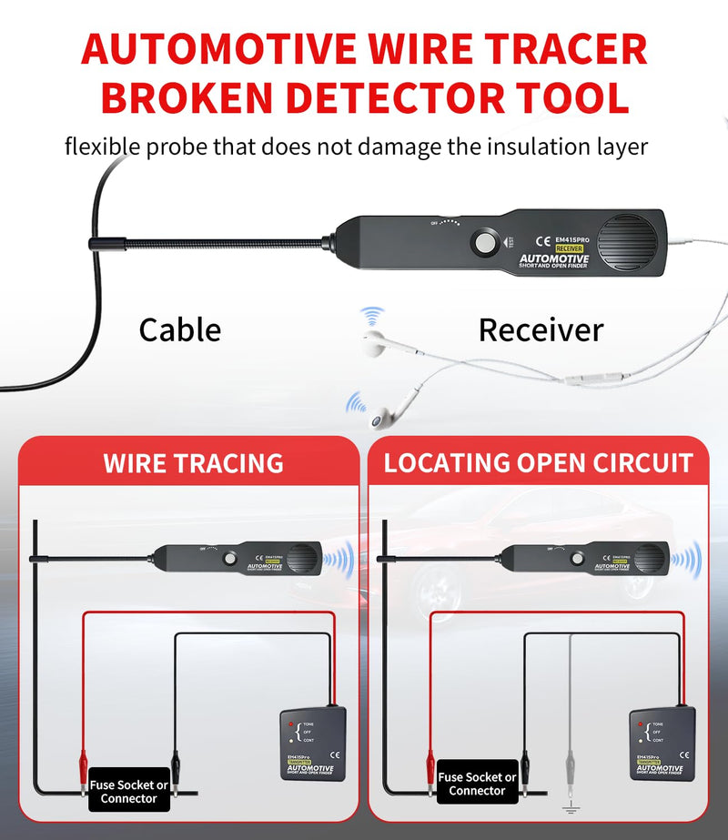 EM415Pro Wire Tracer Electrical Automotive Open & Short Finder, VEHLIVE 6-42V DC Circuit Tester Automotive Circuit Breaker Finder Fault Probe Wire Tracker Electrical Cable Tracer for Car, Boat,Trailer