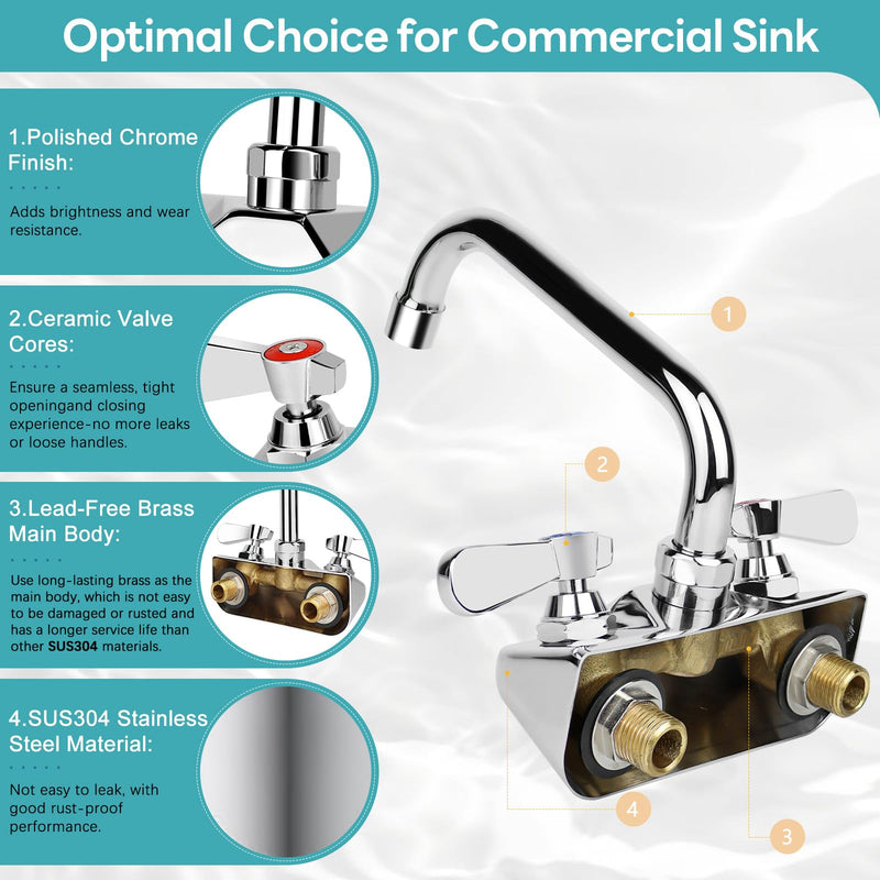 4 Inch Center Commercial Sink Faucet Wall Mount with 12" Spout for Bar 4" center 12" spout