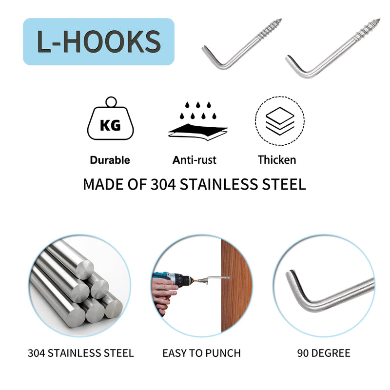 304 Stainless Steel 2 in Screw-in Hooks 20 Pcs,7 Shape Screw Hooks,Right Angle Medal Hooks l Shaped Screw in Hooks for Hanging 2 In * 3.5 MM
