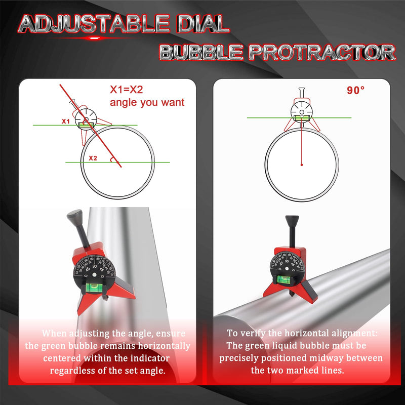 Pipe Center Finder, Pipefitter Tools w/Magnetic Centering Head, 2.75" Y-Type Pipe Fitting Tools w/Adjustable Dial Bubble Protractor to Measure Pipe Diameter from 1-1/2" to 6"