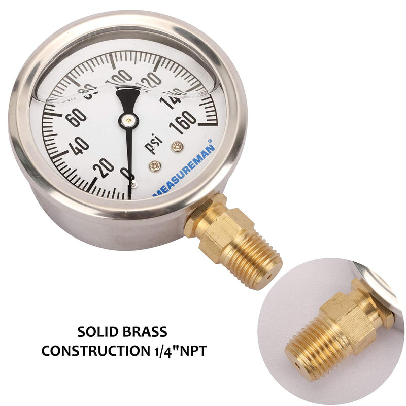 MEASUREMAN 2-1/2" Dial Size, Glycerin Filled Plumbing Pressure Gauge, 0-160psi, Stainless Steel Case, 1/4" NPT Lower Mount 0-160 psi