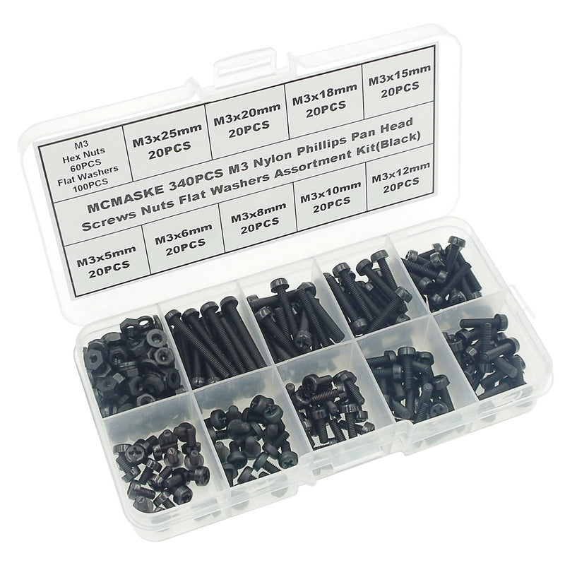 Metric M3 Phillips Pan Head Nylon Screws Nut Washer Assortment Kit,Screws Length:5mm to 25mm(Black)