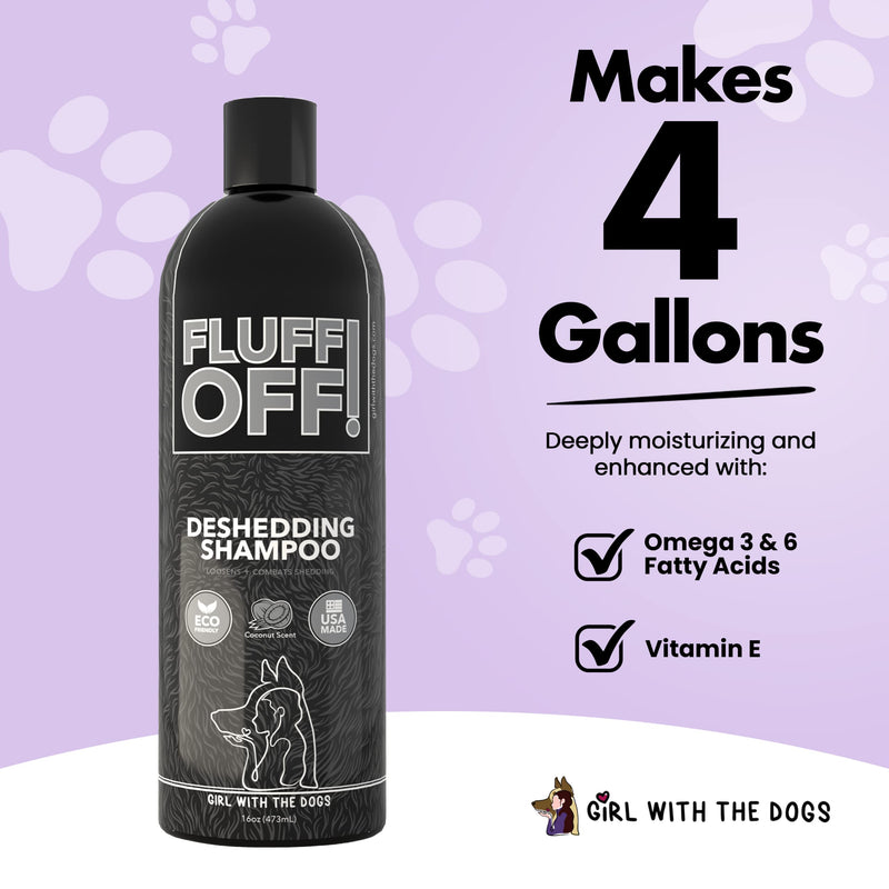Soap Dispensing Pet Wash Sprayer Nozzle and FLUFF OFF! by Girl With The Dogs, Natural Deshedding Dog & Cat Shampoo 16 oz