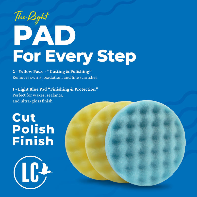 Lake Country 5.5” Waffle Foam Pad Kit (3-Pack) – Yellow & Blue Polishing Pads for Compounding, Polishing & Finishing – Fits 5” Backing Plate