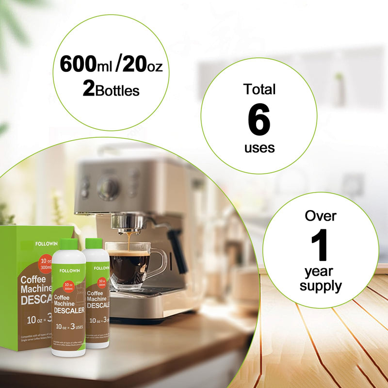FOLLOWIN Coffee Machine Cleaner and Descaler,Espresso Coffee Maker Cleaner(2 Pack & 6 Uses),Descaling Solution for Espresso Machines and Single Use Coffee Maker