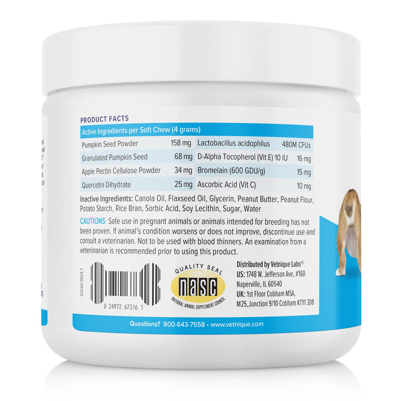 Vetnique Labs Ulti-Mutt Glandex for Dogs with Glandex Bacon Prebiotic & Probiotic Supplement Chews 60 Ct, Glandex Peanut Butter Anal Gland Support Chews 60 Count, Anal Gland Hygienic Pet Wipes 100 Ct