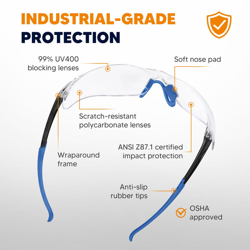 Clear Safety Glasses 24 Pack, Protective Eyewear UV Protection ANSI Z87.1, Safety Goggles Scratch & Impact Resistant, Eye Protection with Nose Pads for Men & Women Construction, Shooting, Lab Work Clear Lens/Blue Temples