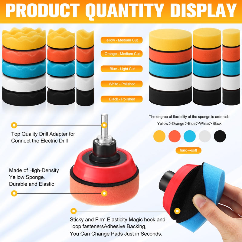 Maxdot 74 Pcs Car Foam Drill Polishing Pad Kit 60 Pcs 1inch 2inch 3inch Buffing Pads Backing Adapters Mix Size Car Detailing Polishing Supplies