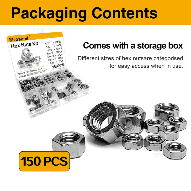 150 PCS SAE Hex Nuts Assortment Kit - 6-32 8-32 10-24 1/4-20 5/16-18 3/8-16 1/2-13 Sizes, 304 Stainless Steel - Heavy-Duty Construction Fasteners for DIY Projects and Professional Use Sae Mix 150pcs