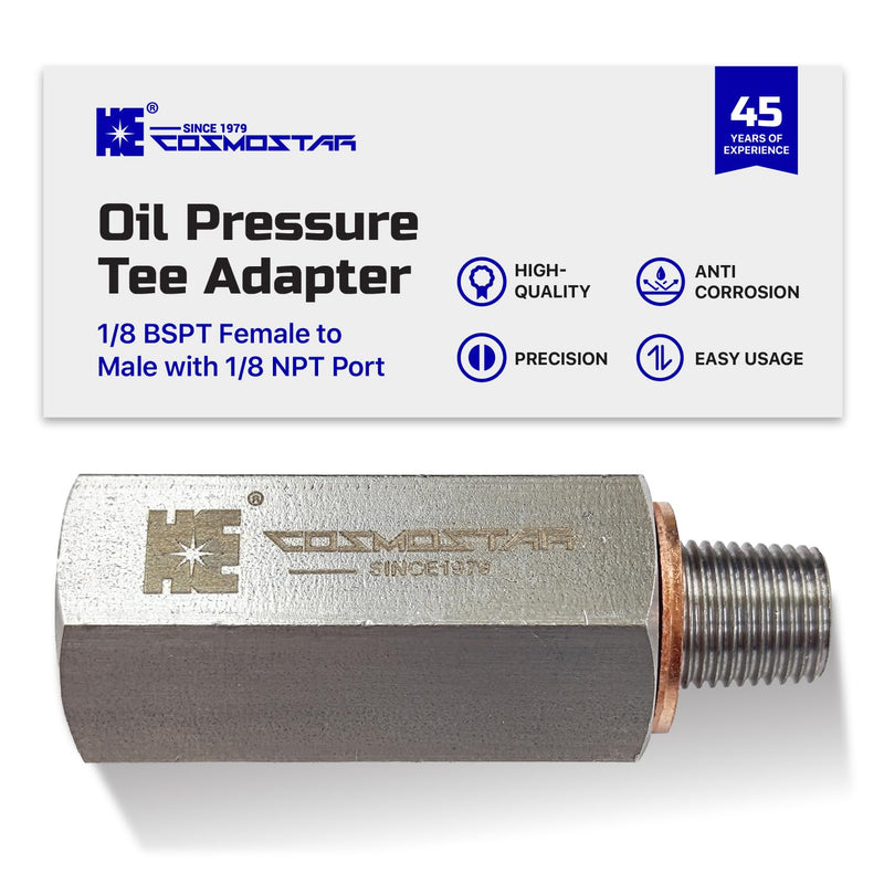 Cosmostar 1/8" BSPT Stainless Steel Oil Pressure Tee Adapter, 1/8 BSPT Female to Male with 1/8 NPT Port, 304 SS Heavy-Duty Fitting for Oil Pressure Gauge, Turbo Feed Line (OPTBS02N02)