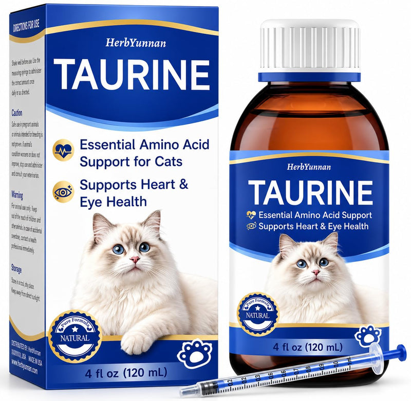 Taurine for Cats Drop 4 oz, Cats Taurine Supplement 200mg High Potency for Heart & Eye Health, Amino Acid Support for Vision & Immune System with 1ml Precision Syringe