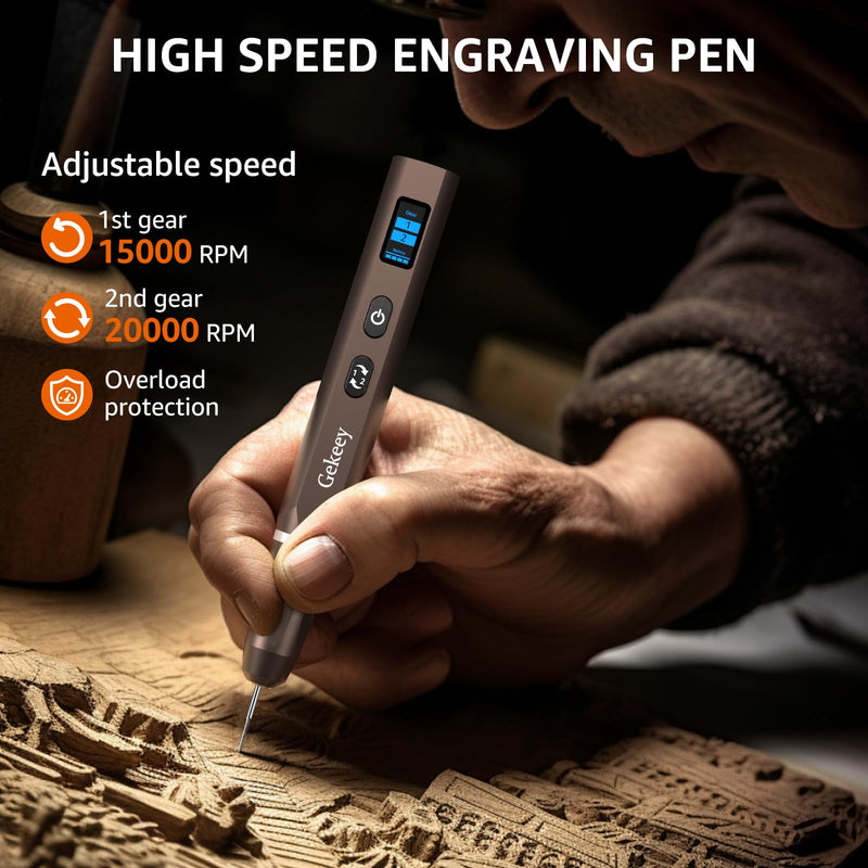 Gekeey Electric Engraving Pen, Cordless Rechargeable Mini Rotary Tool with 42 Bits, Aluminum Body, Variable Speed, Portable Engraver Pen for Metal Wood Glass and Plastic, Brown