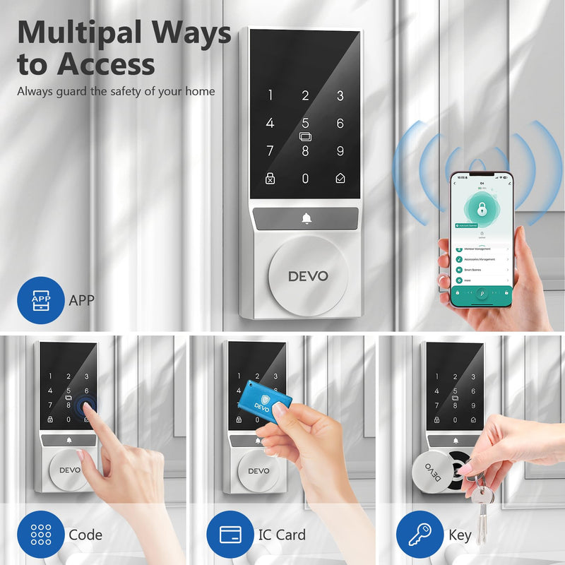 Devo G4 Smart Lock,Keyless Entry Door Lock,Bluetooth Smart Deadbolt, App Remote Control,Digital Touchsreen Keypad Lock, IP54 Waterproof Front & Back Electronic Dook Lock,Auto Locks(Silver) G4 Bluetooth Touchscreen Silver
