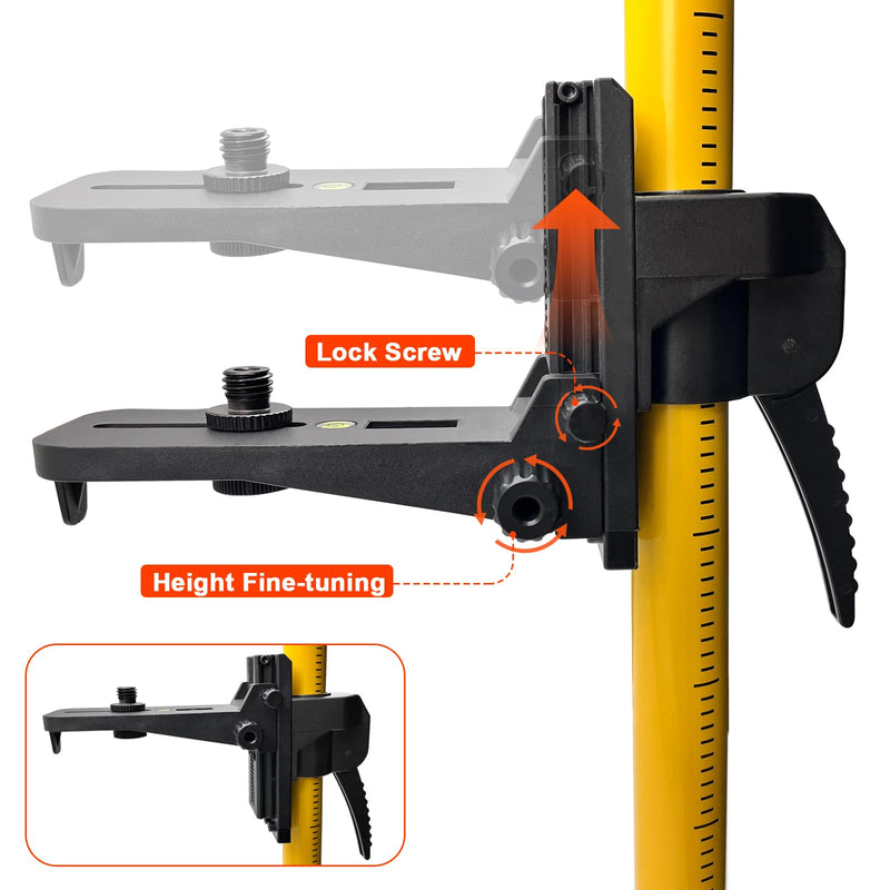 Mounting Bracket Clamp with 1/4"-20 Male Thread and 5/8"-11 Adapter, Adjustable Laser Level Pole Clamp with Bubble Level for Rotary and Line Lasers, Heavy-Duty Bracket for Telescoping Poles