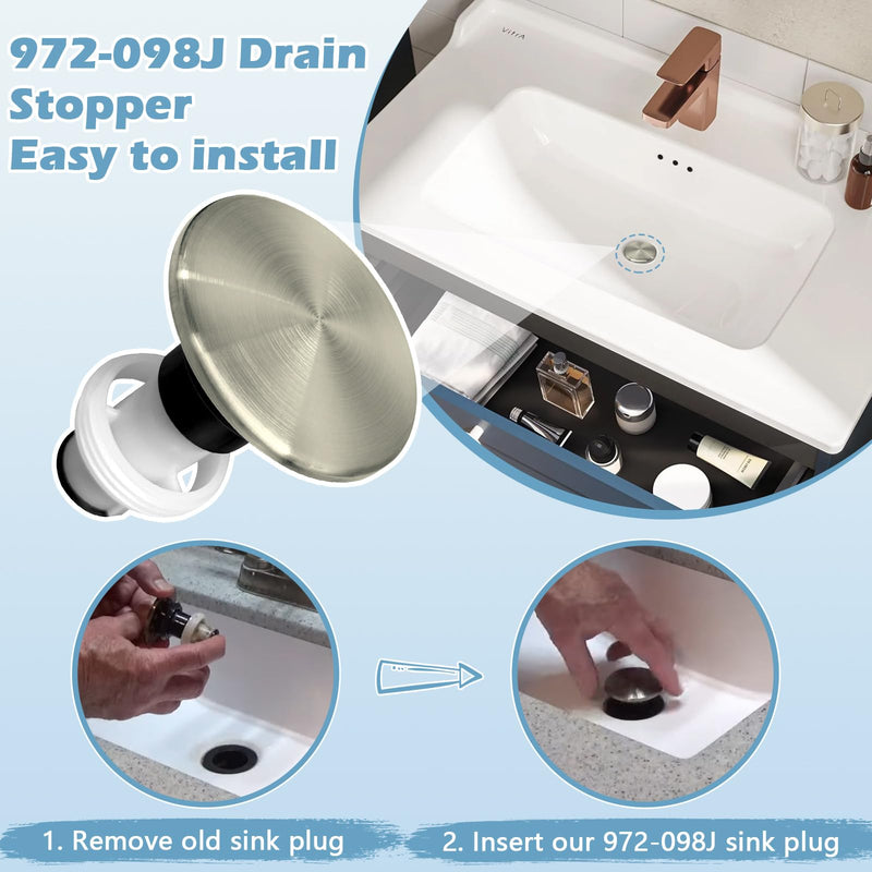 972-098J Plumbing-Equipment Brushed Nickel Drain Sink Stopper, Drain Sink Plug Part Push & Seal Drain Stopper Assembly