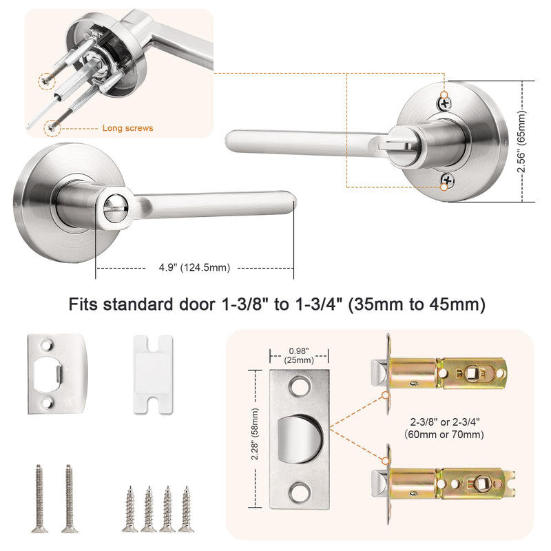 Probrico Privacy Door Handles for Bedroom and Bathroom Satin Nickel Privacy Door Handle Lever, Keyless Interior Door Handles Bed Bath Door Lockset, 3 Pack