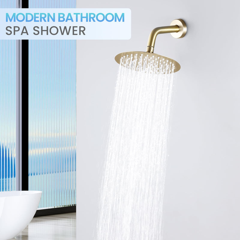 Brushed Gold Round Rainfall Shower Head, All Metal Stainless Steel Rain Shower Heads with 90 Anti-Clog Silicone Nozzles, Wall or Ceiling Mount, 8 inch Brushed Gold