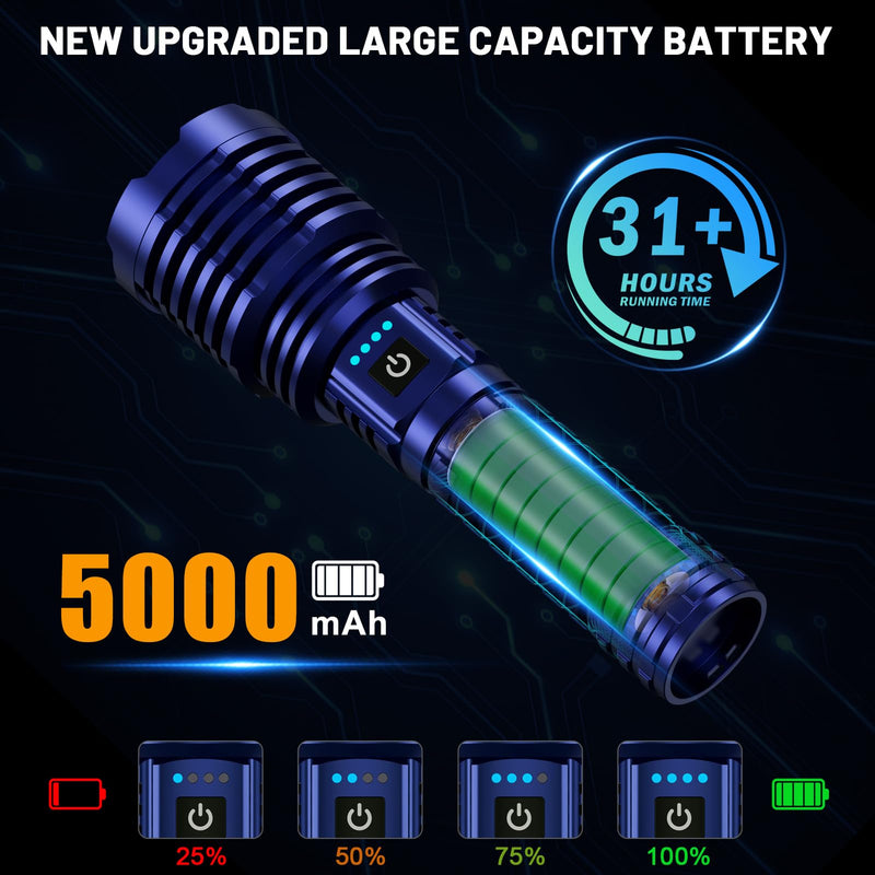 Flashlights 5000.000 High Lumens, Super Bright LED Rechargeable Flash light, Long Battery Life, Hoslter, Powerful Waterproof Handheld Flashlights with Zoomable 5 Modes for Emergencies Camping (Blue)