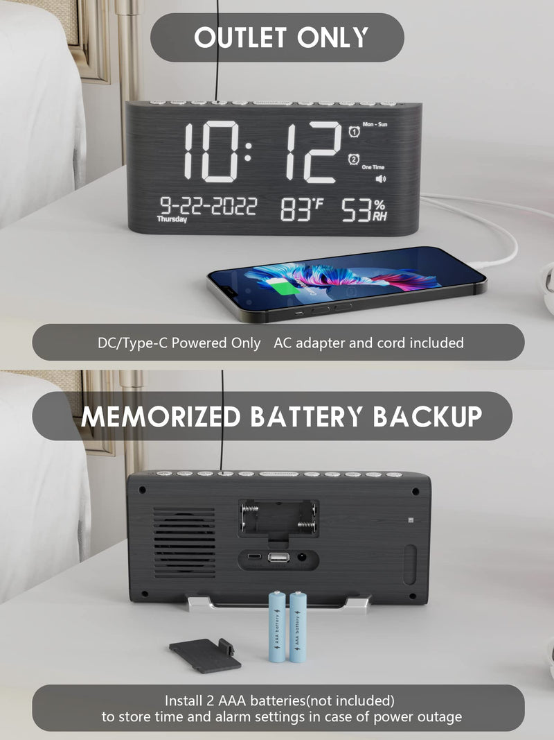 Wooden Digital Alarm Clocks for Bedrooms, Bedside Desk Clock with Day and Date, USB Charging Port, Temperature & Humidity Detect, Weekday/Weekend Mode, Dual Alarm, 2-100% Brightness Dimmer, 12/24H Darkgray