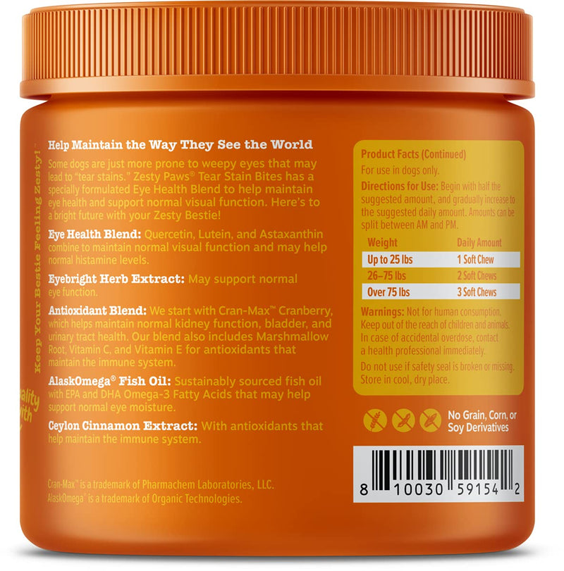 Zesty Paws Tear Stain Support Soft Chews for Dogs - for Eye Moisture + Vision & Immune Support - Functional Supplements with Fish Oil, Lutein, Cranberry & Vitamin C - Chicken Flavor 90 Count - PawsPlanet Australia