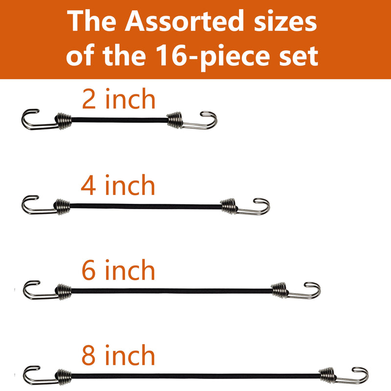 Mini Bungee Cords with Hooks. Versatile Outdoor Bungee Cord Set. Includes, 2inch, 4inch, 6inch, and 8inch, Totaling 16 Bungee Cords. (16pcs, Black, Four Sizes)