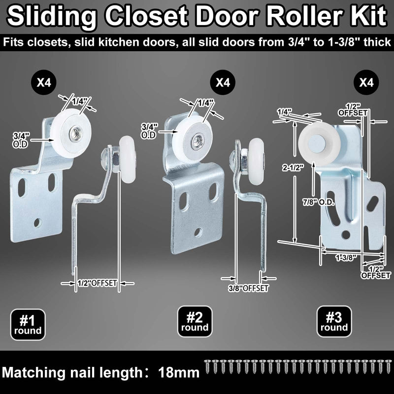 Blulu 12 Pcs Sliding Closet Door Roller Kit Wardrobe Door Rollers Replacement for Top Hung Bypass, 3/4" Wheel with 1/2" and 3/8" Offset, 7/8" Wheel with 1/2" Offset