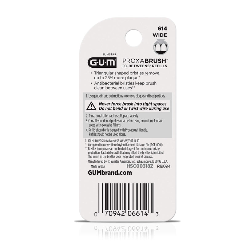 GUM Proxabrush Go-Betweens Refills - Wide - Compatible with GUM Permanent Handle - Reusable Interdental Brushes - Soft Bristled Dental Picks, 8ct(6pk)