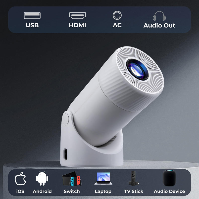 Mini Projector Supports 4k, Wifi, Bluetooth, and 180 Degree Roation Built in Speaker Connects to Phone iPhone/Android/TV Stick, Outdoor Projector 1-White