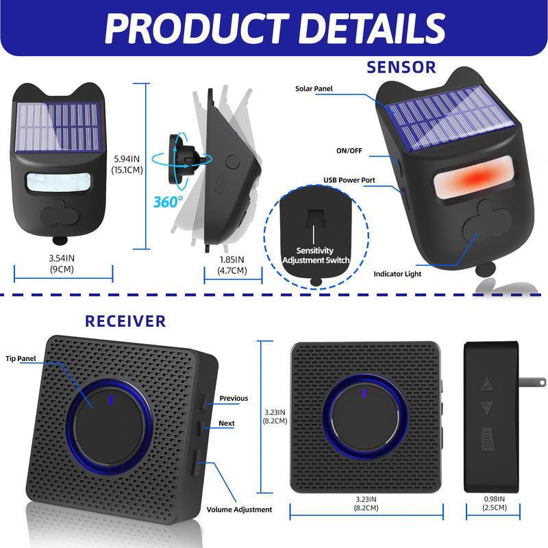 Solar Driveway Alarms Wireless Outside Weatherproof Motion Sensor & Detector for 1000ft Long Range, No Need Replace Batteries Security Car Alert System Monitor and Gate Alarm System
