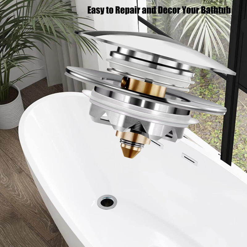 Universal Tub Stopper Bathtub Drain, Pop Up BathTub Drain Plug and Cover, Replaces Bath Tub Lift and Turn, Tip-Toe and Trip Lever, Easy to Install and Clean, All Brass Plating Process Silver Modern Style Tub Stopper