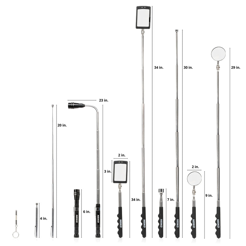 NEIKO 20736A (6) Piece Set, Magnetic Tool & Telescoping Mirror Set, Adjustable Telescoping Magnetic Pickup Tool, Flashlight 15lb Retriever Tool, 360 Swivel, Magnet Mirror, Magnetic Tools for Mechanic Pick Up Tool 6 Piece Set