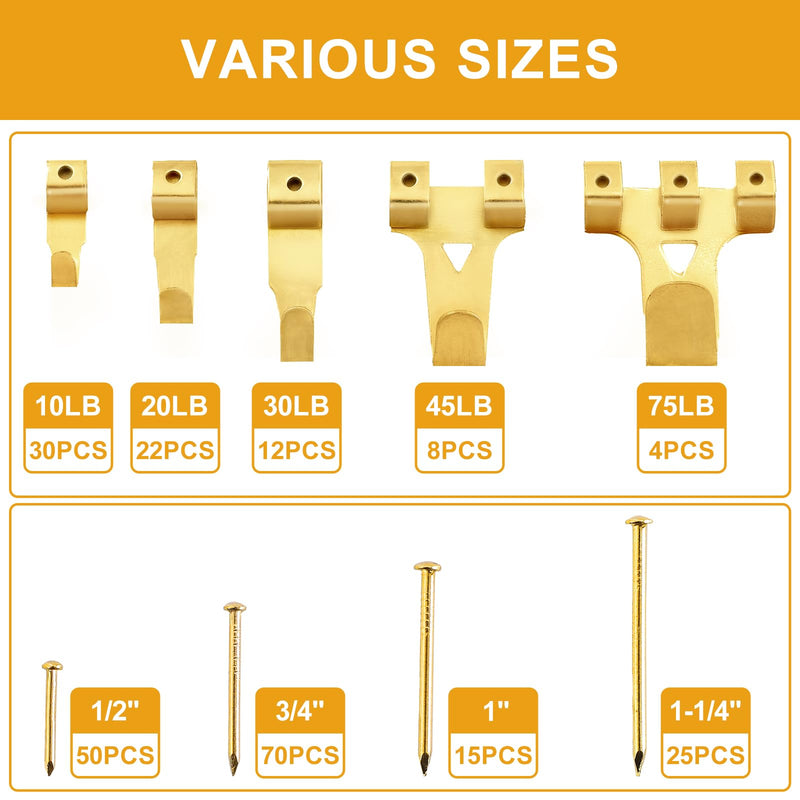 KURUI 303Pcs Picture Hanging Kit, Picture Hangers Assorted Kit With Heavy Duty Wall Hooks, Sawtooth, Picture Wire, D Rings, Hardware Nails, Eye Hooks and Picture Hanging Tool for Frame Canvas Mounting Gold