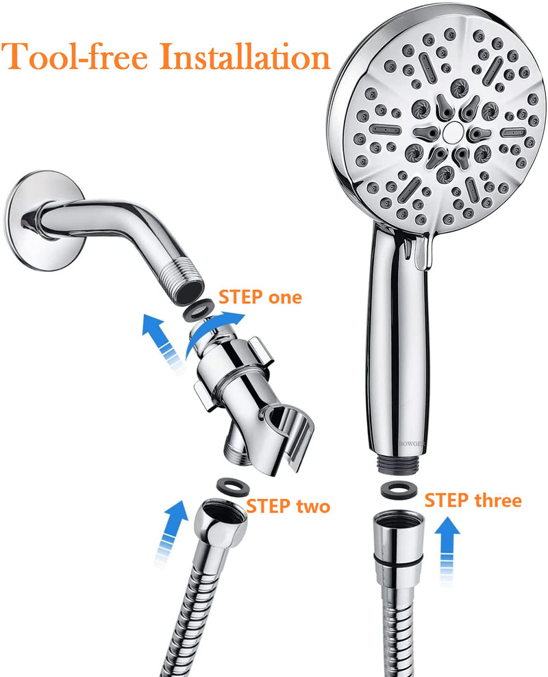 Shower Head with Handheld High Pressure-Full Body Coverage Powerful Rain Showerhead Extra 60" Long Hose and Adjustable Brass Joint Holder- The Perfect Detachable Heads for Bathroom Upgrade 5 Modes Polished Chrome