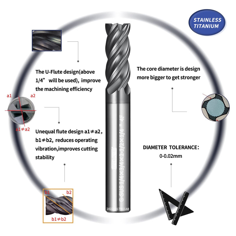Tools Carbide Square End Mill, Milling Cutter with TiAlN Coating, CNC Cutting Tools for Stainless Steel,High Temp Alloys, 4 Flute,Flat Machining Set (1/8" 3/16" 1/4" 5/16" 3/8" 5Pcs) TiAlCN 1/8" 3/16" 1/4" 5/16" 3/8" 5PC
