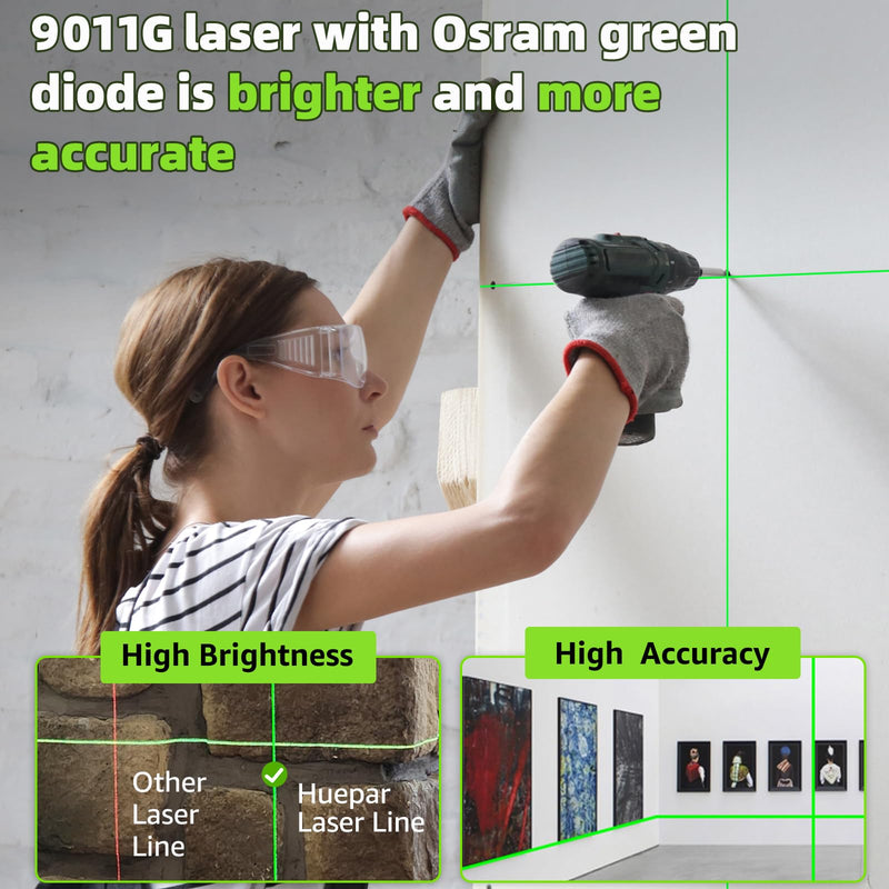 HUEPAR Laser Level, 100ft Self-Leveling Green Cross Line Laser for Picture Hanging, Tile, Decoration & DIY Indoor Construction – 360° Magnetic Base & Battery Included 9011G Green Laser Level