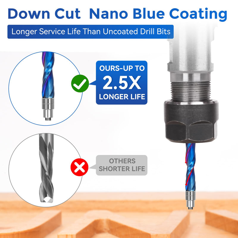 2Pcs Downcut Spiral Flush Trim Router Bit 1/4 Shank, Solid Carbide Flush Trim Router Bits Spiral with Nano Coated, for Woodworking Trimming 2