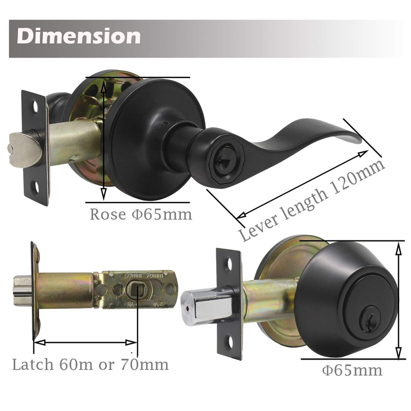 1Pack Exterior Door Lever Lockset with Single Cylinder Deadbolt Black Door Handle with Deadbolt Lock Set Keyed Alike, Matte Black Finished 1 Pack
