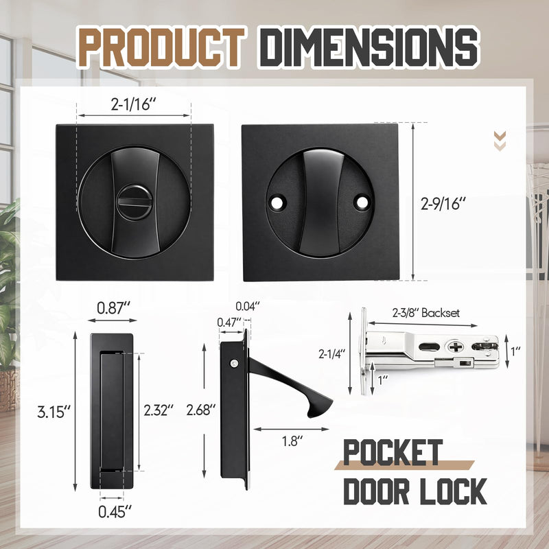 Hicarer 1 Set Pocket Door Privacy Lock with Edge Pull, 2-3/8" Backset, Stainless Steel, 2 Sided Recessed Knob, Pocket Door Hardware for 1-3/8" to 2-3/16" Bathroom & Sliding Doors (Square,Black) Black Square