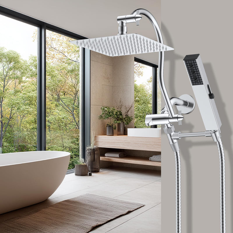 Hibbent All Metal cUPC Certified Shower Head, 8'' High Pressure Rainfall Shower Head, Showerhead Combo, Handheld Shower Wand, 12'' Adjustable Extension Arm, 4-Spray, 71'' Hose, Shower Holder, Chrome Square 8''