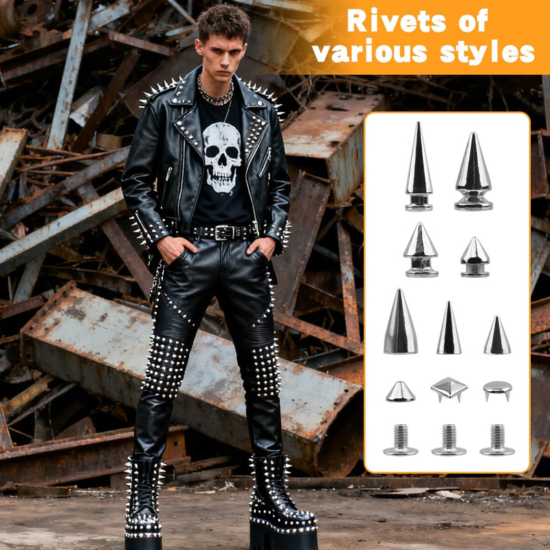 455Pcs Punk Studs for Clothing, 11 Size Metal Spikes and Studs Leather Rivets for Craft, Square Pyramid Studs Round Dome Rivets DIY Punk Style Decoration for Clothes Shoes Belts